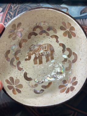 Handmade Coconut Bowl with Mother of Pearl Inlay Elephant Design Boho Decor